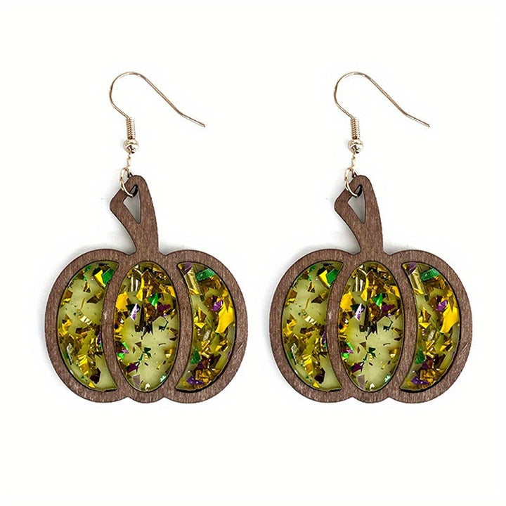 Halloween Wooden Glitter Pumpkin Earrings