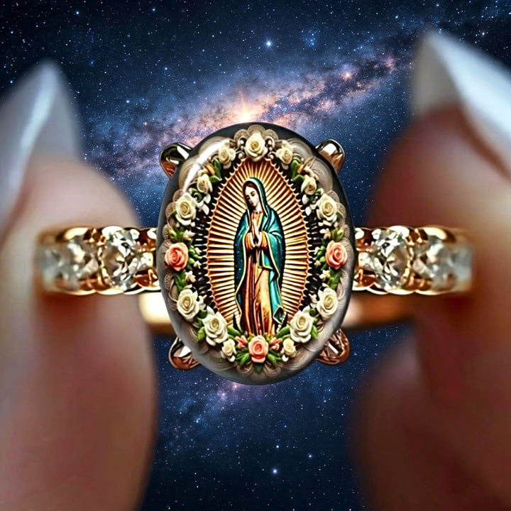 Guadalupe Virgin Floral Oval Print Ring