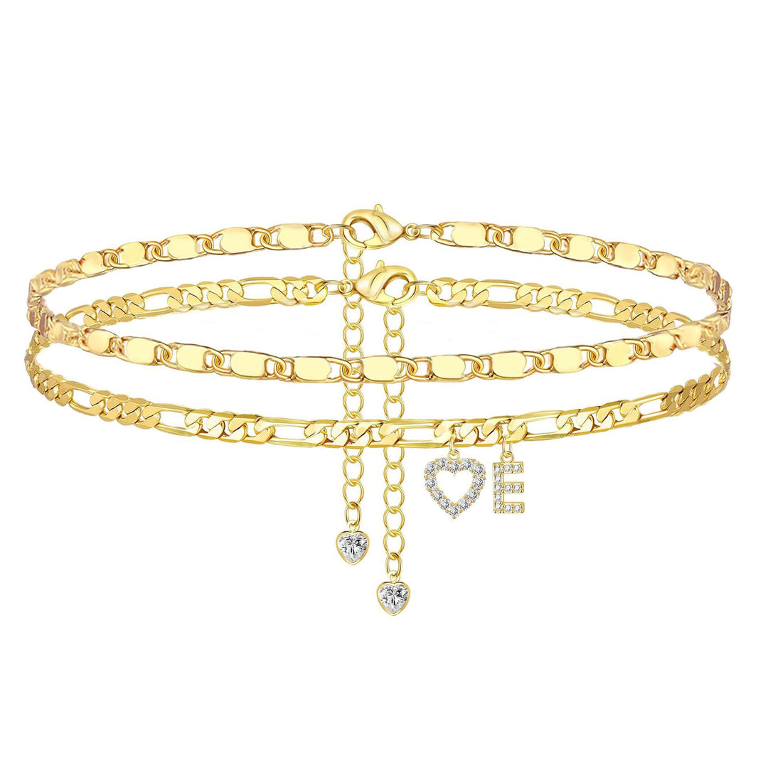 Layered Initial And Heart Zircon Adjustable Anklet Set