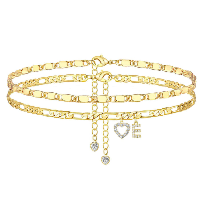 Layered Initial And Heart Zircon Adjustable Anklet Set