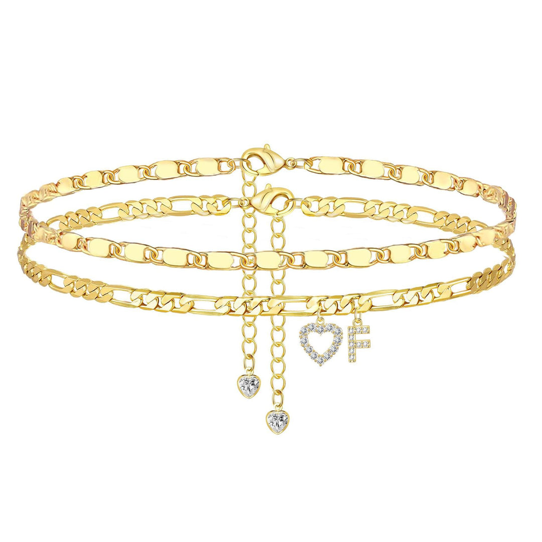 Layered Initial And Heart Zircon Adjustable Anklet Set
