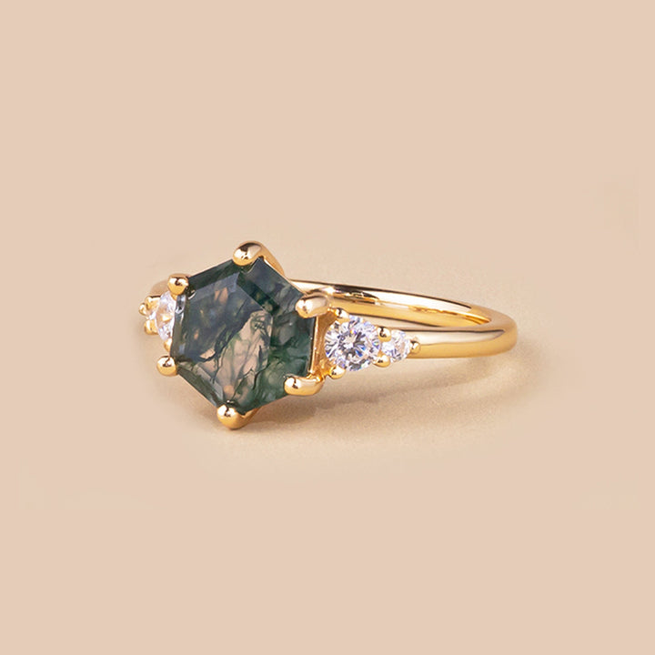 Uniquely shaped moss agate ring