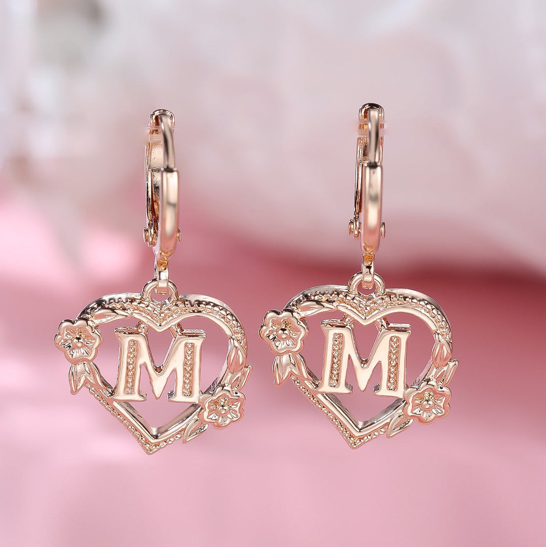 Letter Heart-Shaped Flower Earrings