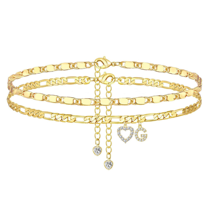 Layered Initial And Heart Zircon Adjustable Anklet Set