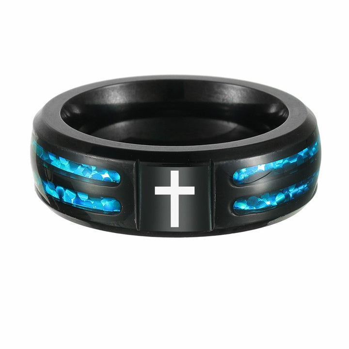 Men Cross Blue Shard Inlay Black Band Ring