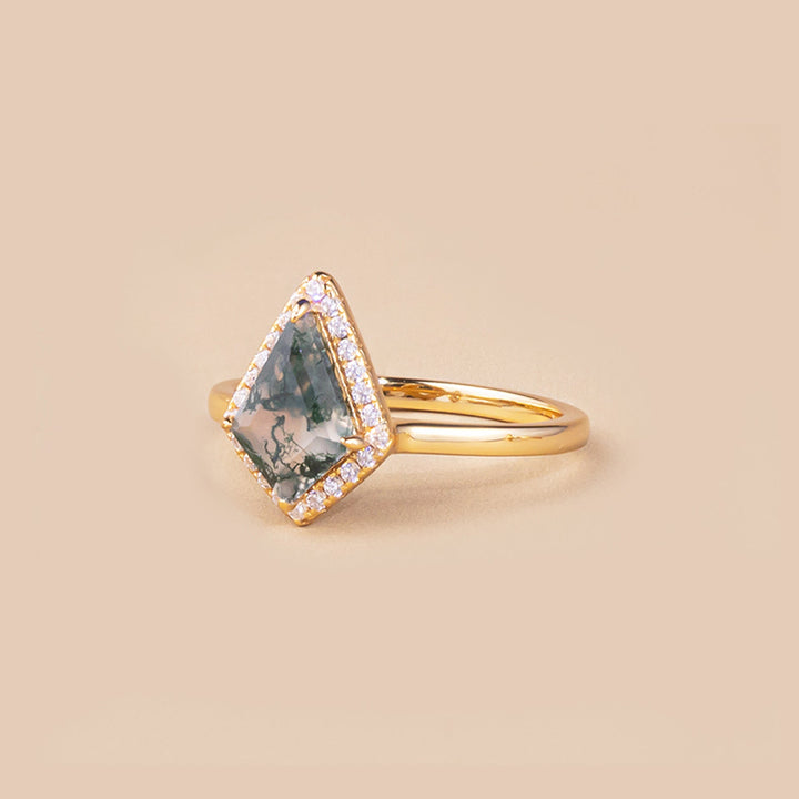 Uniquely shaped moss agate ring