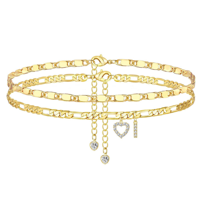 Layered Initial And Heart Zircon Adjustable Anklet Set