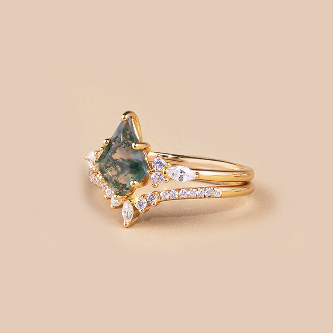 Uniquely shaped moss agate ring
