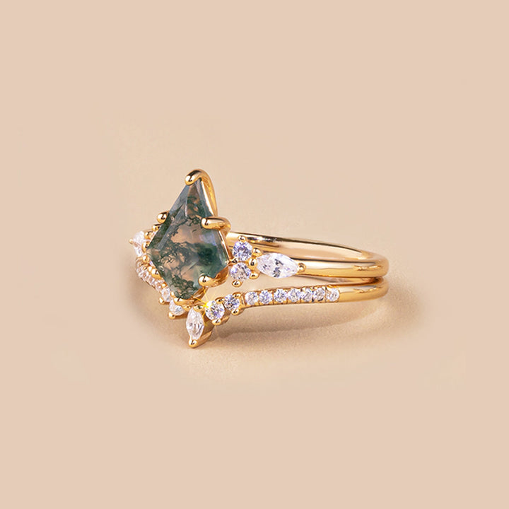Uniquely shaped moss agate ring