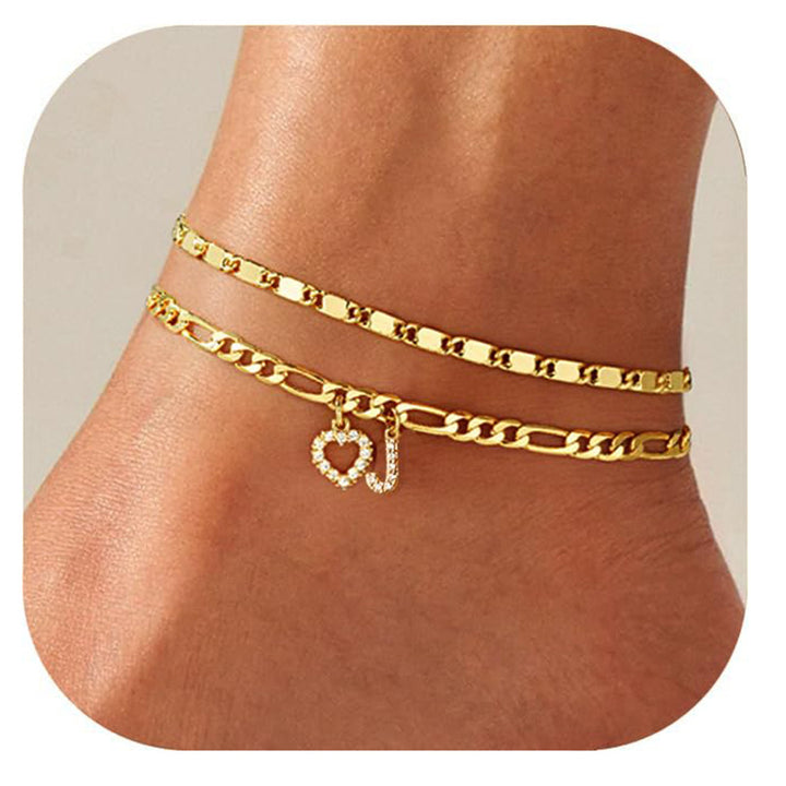 Layered Initial And Heart Zircon Adjustable Anklet Set