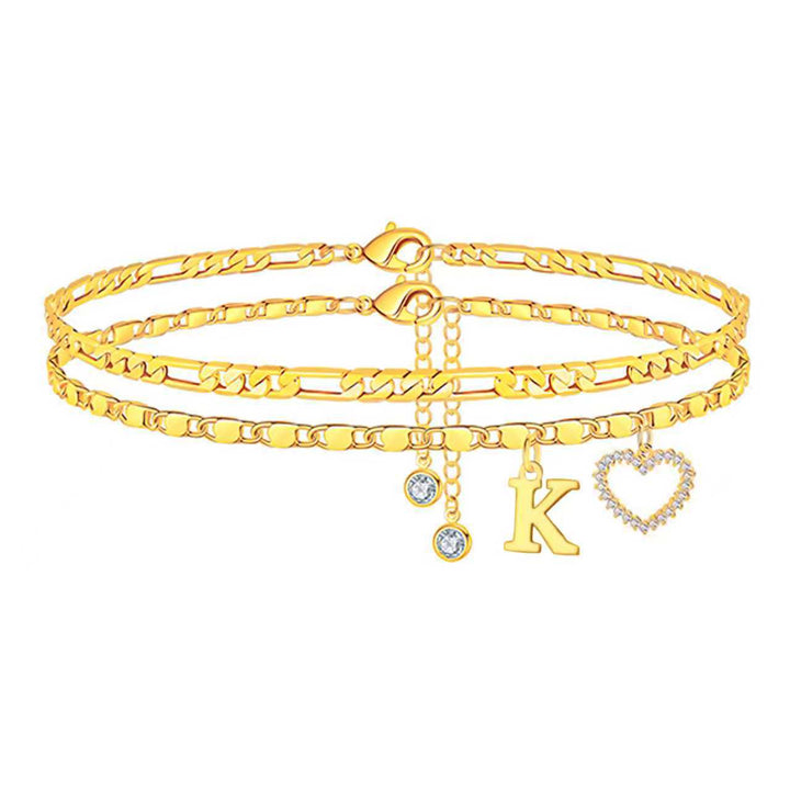 Double Layer Initial Heart Zircon Ankle Bracelet