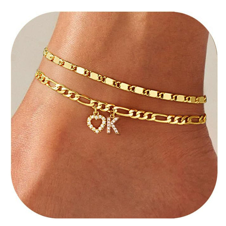Layered Initial And Heart Zircon Adjustable Anklet Set