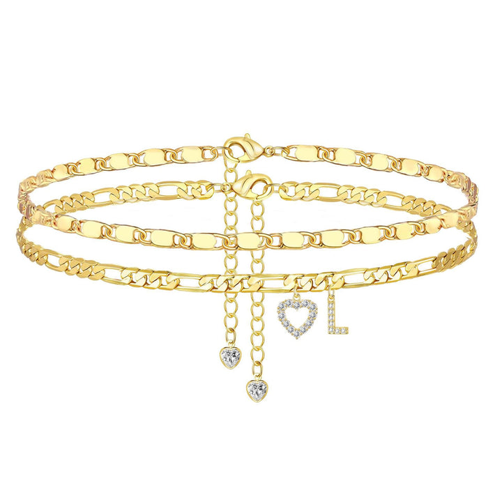 Layered Initial And Heart Zircon Adjustable Anklet Set