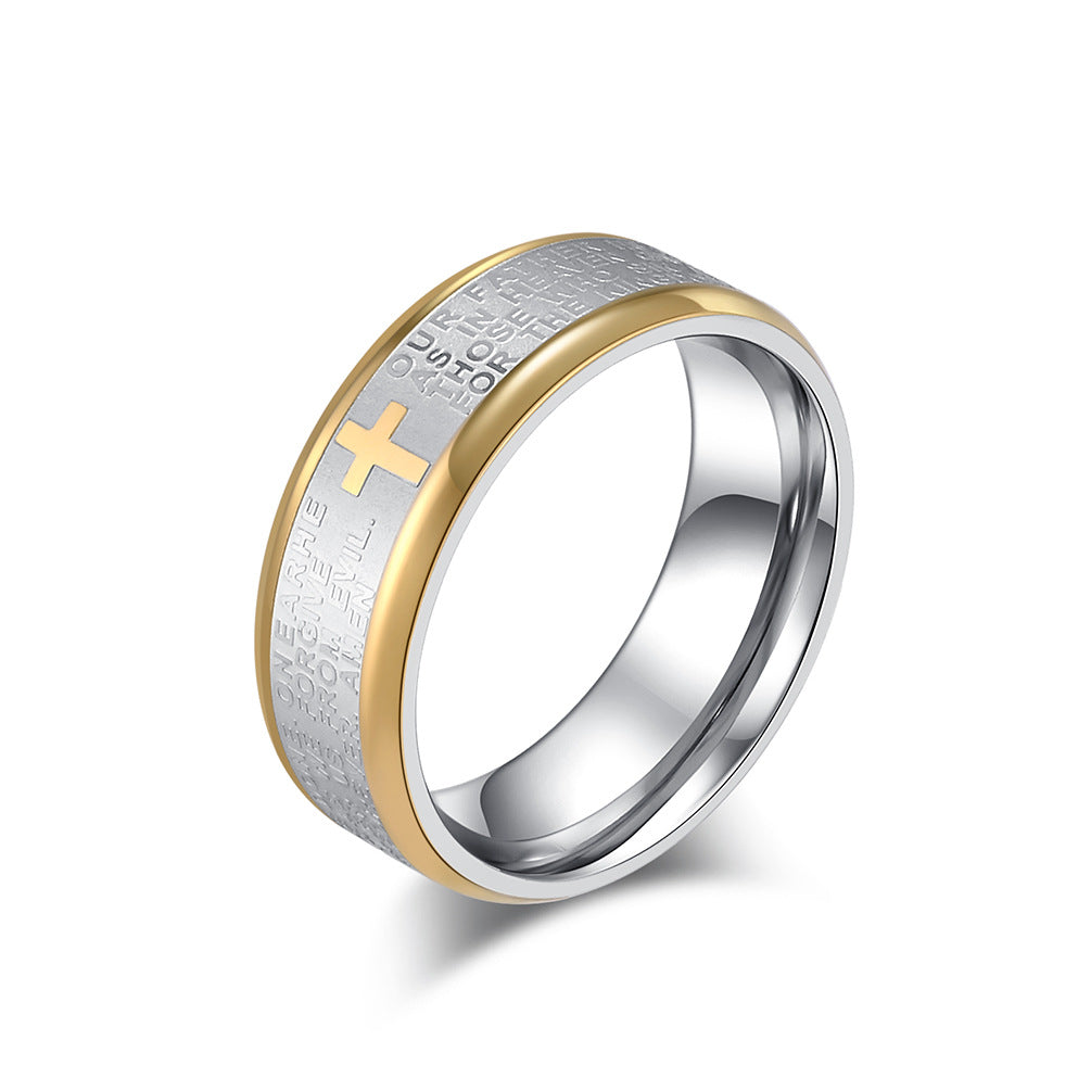 Unisex Titanium Steel Cross Prayer Text Band Ring