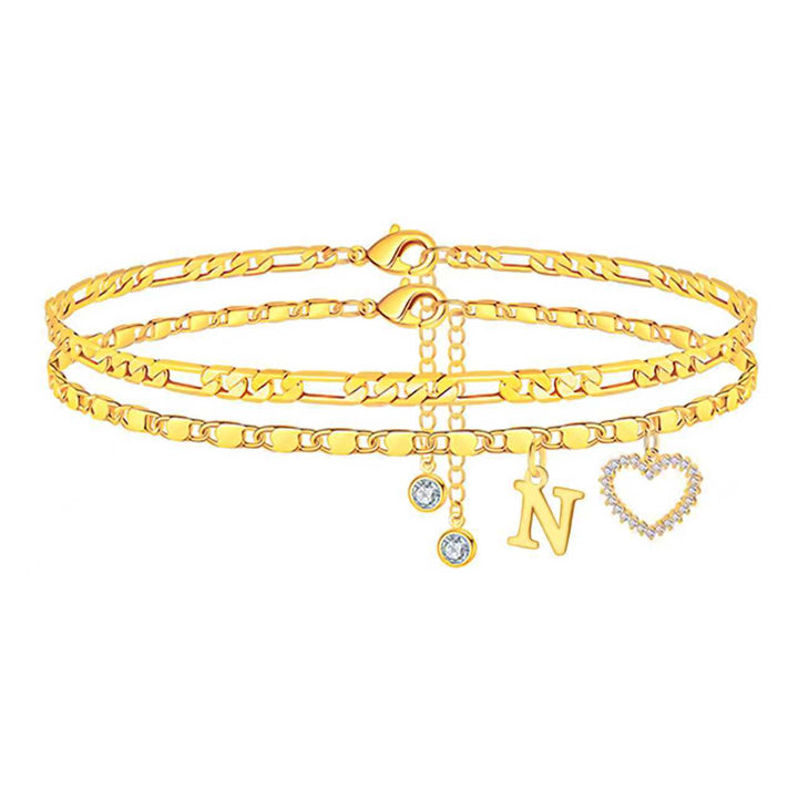 Double Layer Initial Heart Zircon Ankle Bracelet