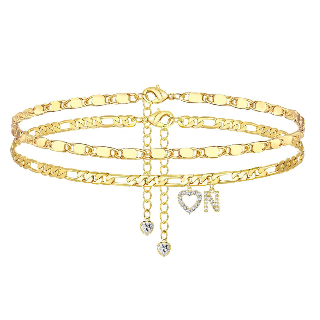 Layered Initial And Heart Zircon Adjustable Anklet Set