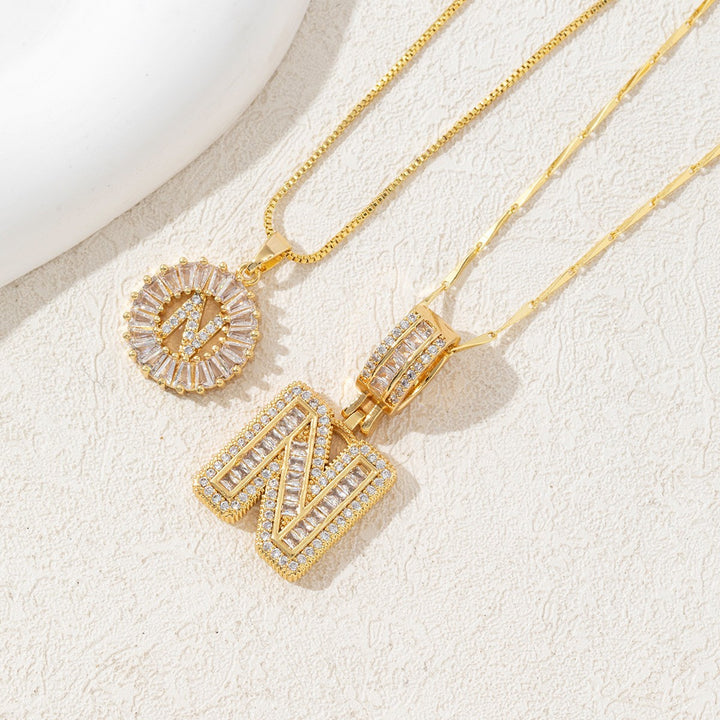 Two Piece Zircon Initial Letter Necklace Set Unisex