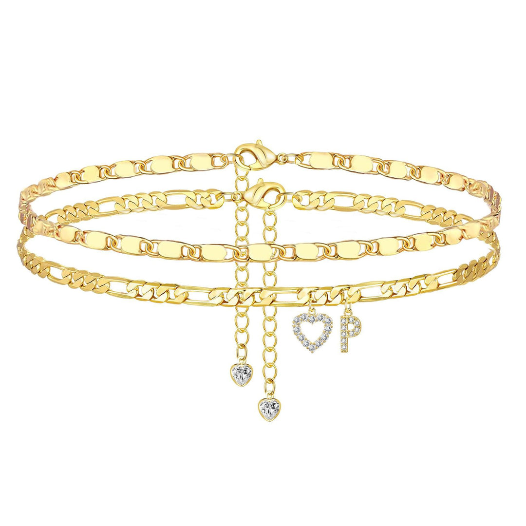 Layered Initial And Heart Zircon Adjustable Anklet Set