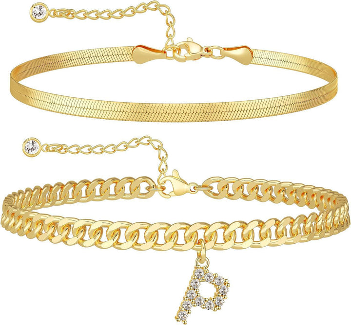 CZ Initial Charm Layered Ankle Chain