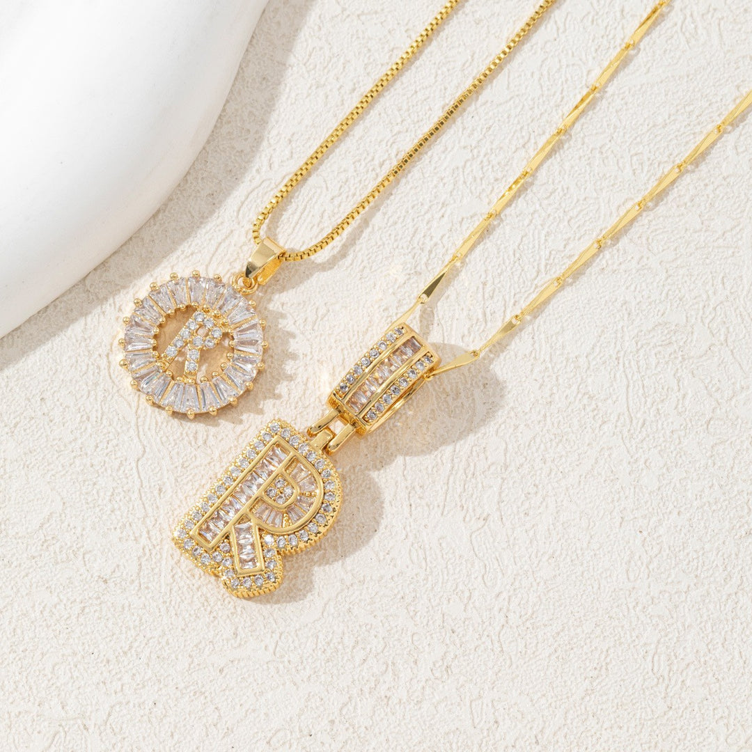 Two Piece Zircon Initial Letter Necklace Set Unisex