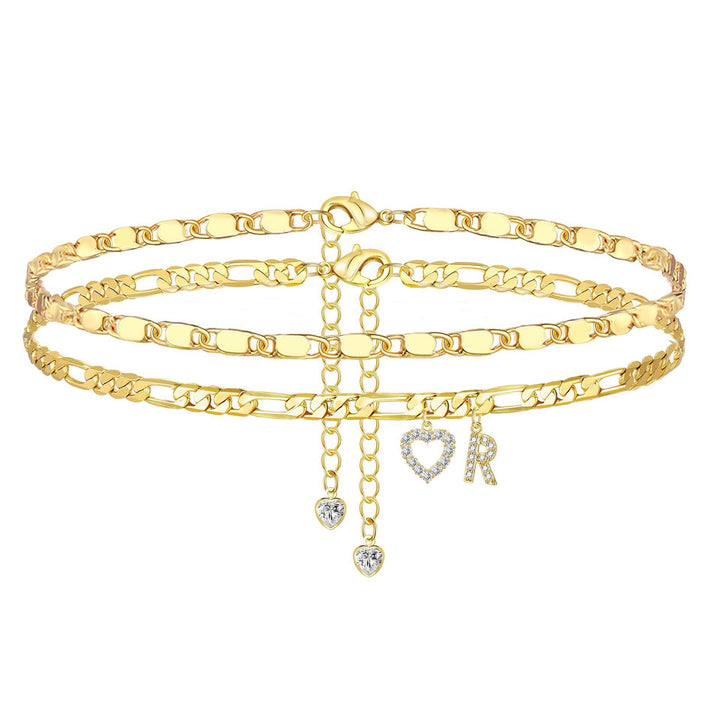 Layered Initial And Heart Zircon Adjustable Anklet Set