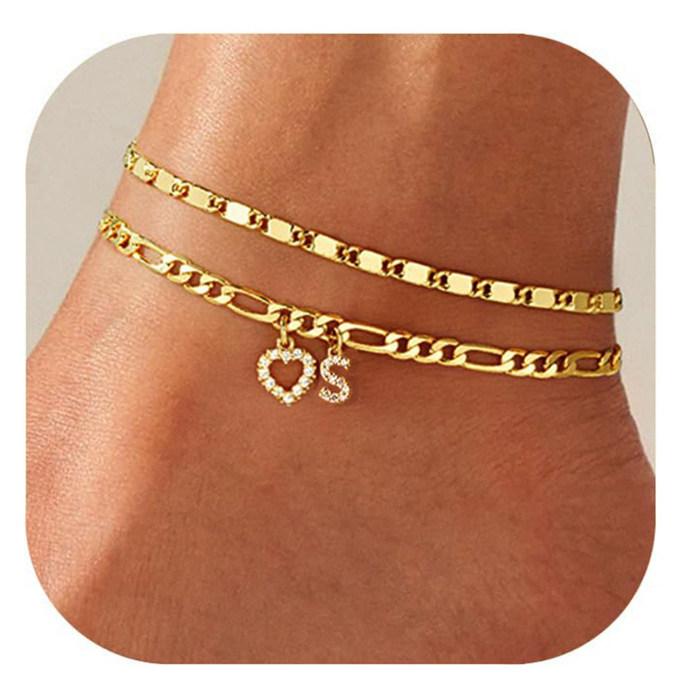 Layered Initial And Heart Zircon Adjustable Anklet Set