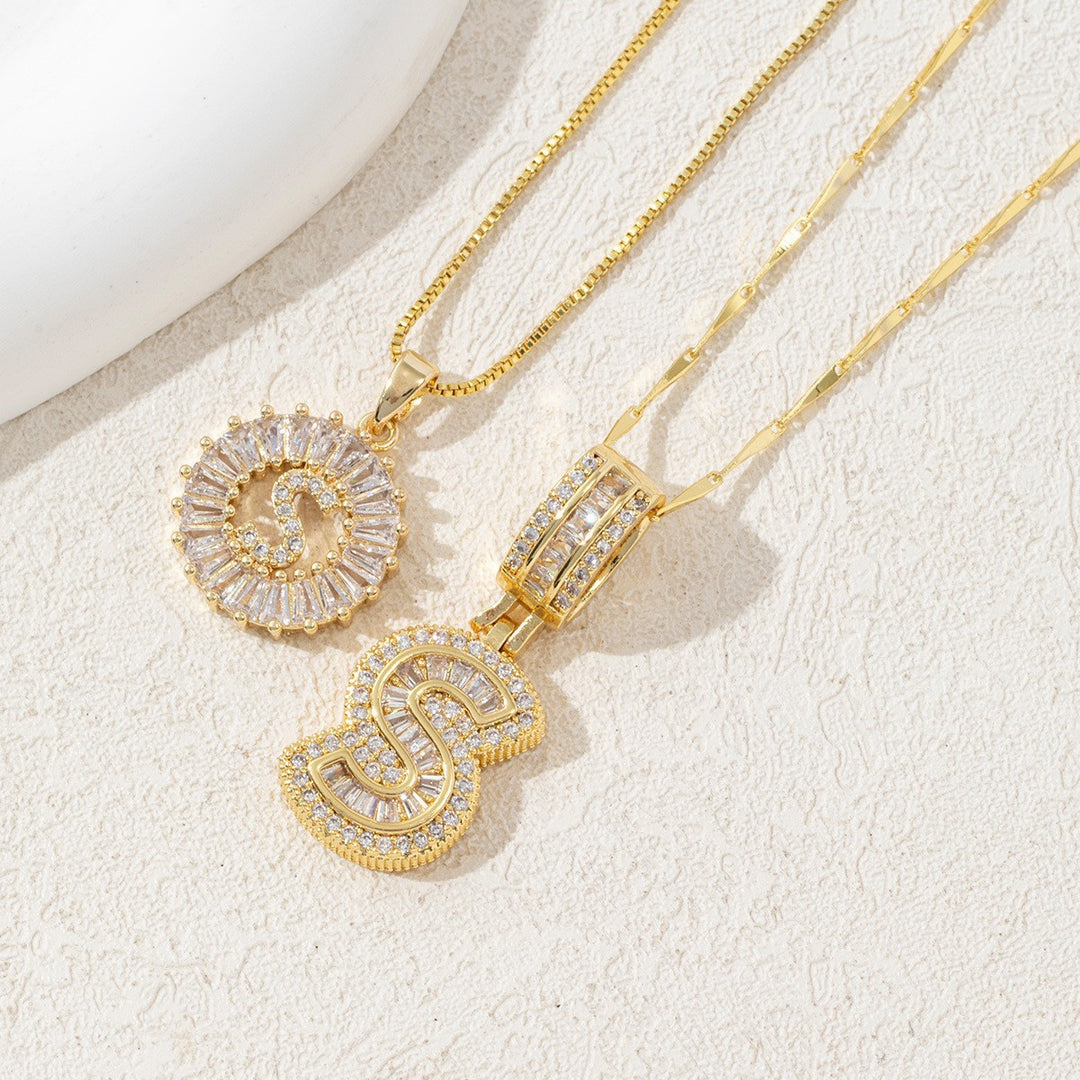 Two Piece Zircon Initial Letter Necklace Set Unisex