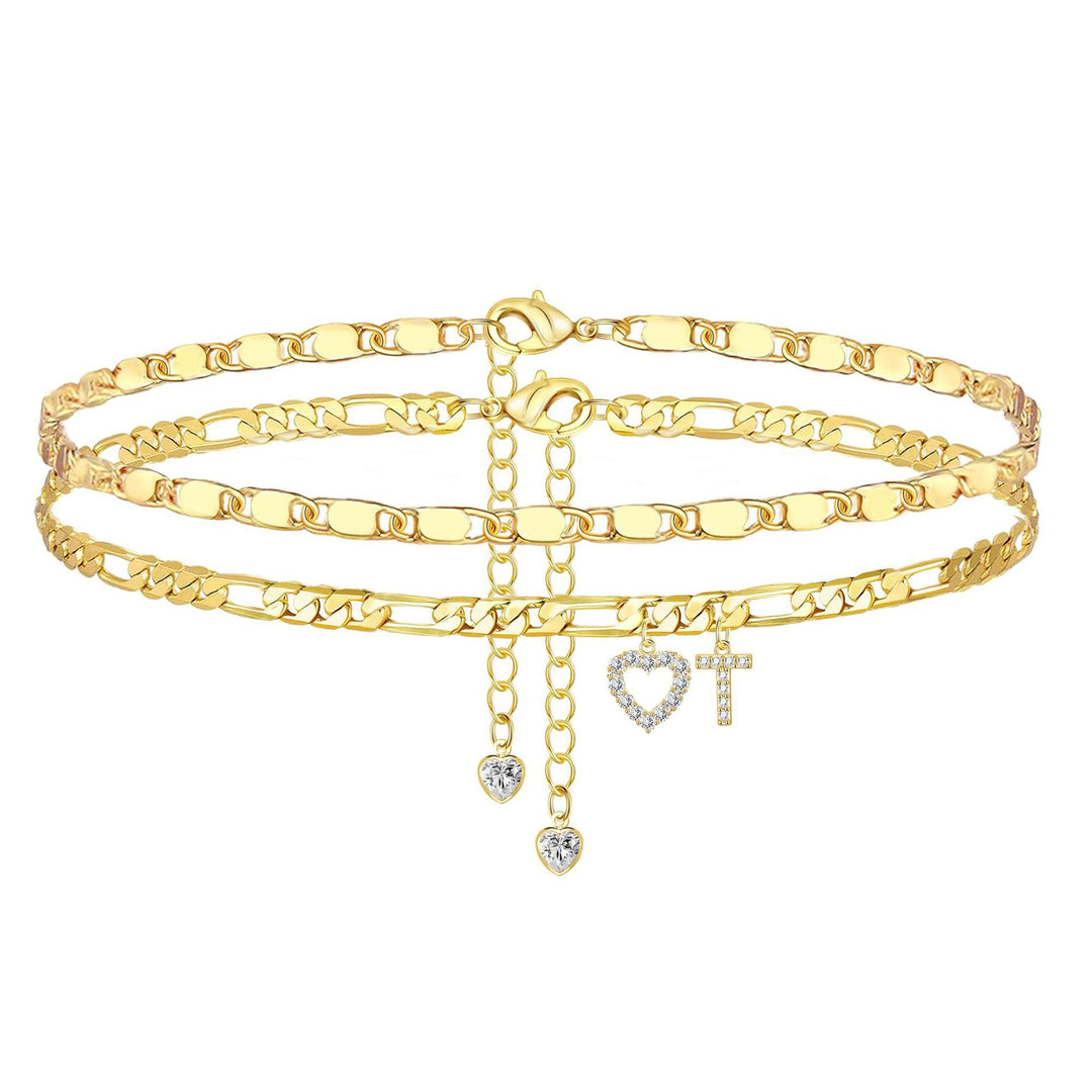 Layered Initial And Heart Zircon Adjustable Anklet Set