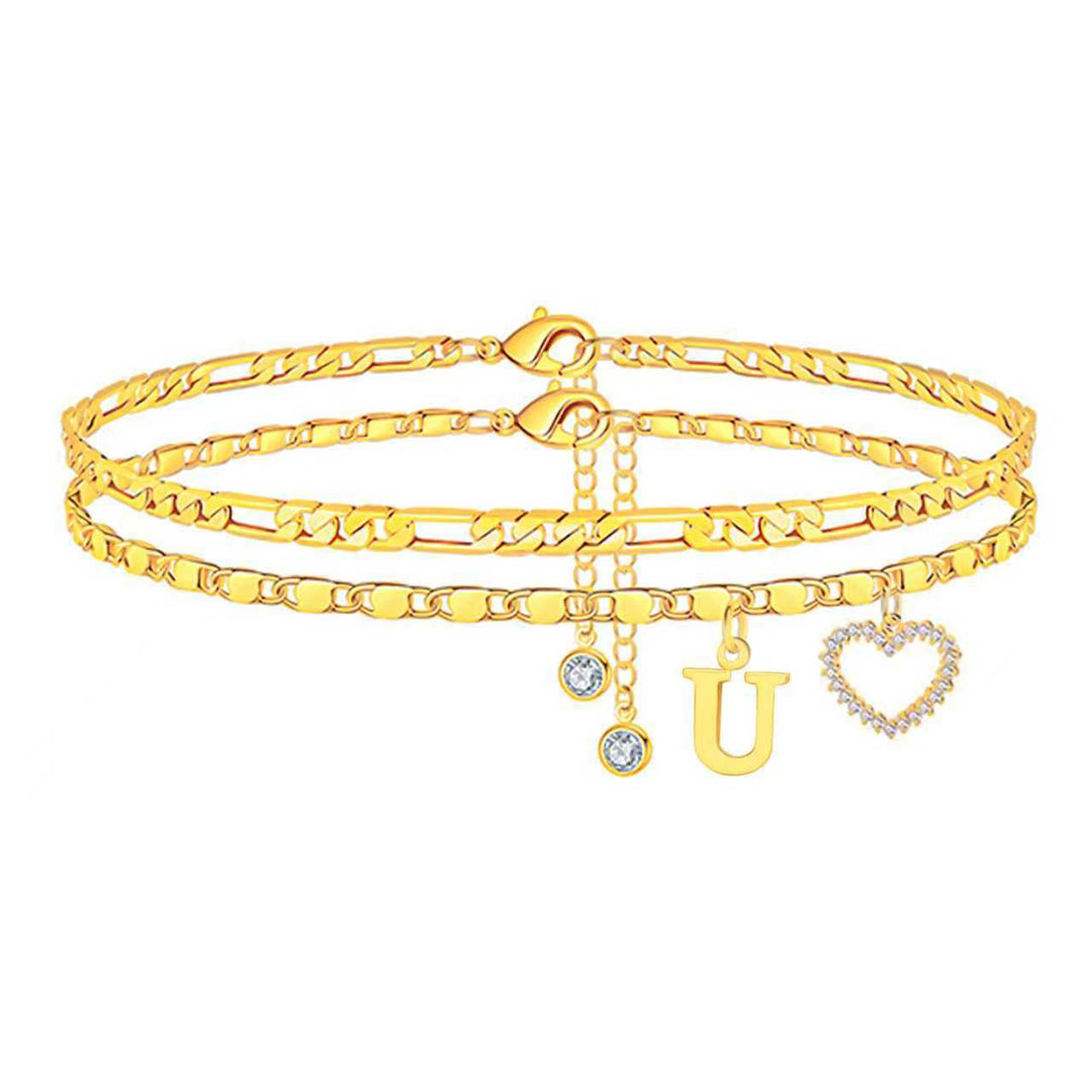 Double Layer Initial Heart Zircon Ankle Bracelet
