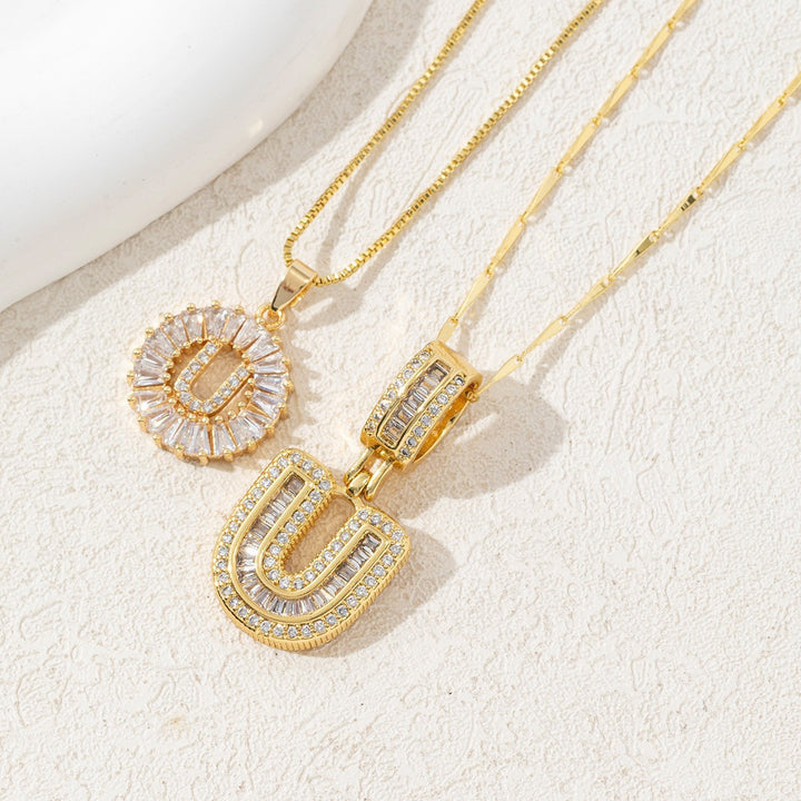 Two Piece Zircon Initial Letter Necklace Set Unisex
