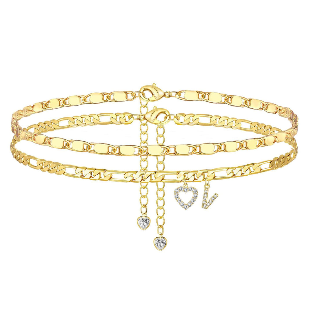 Layered Initial And Heart Zircon Adjustable Anklet Set