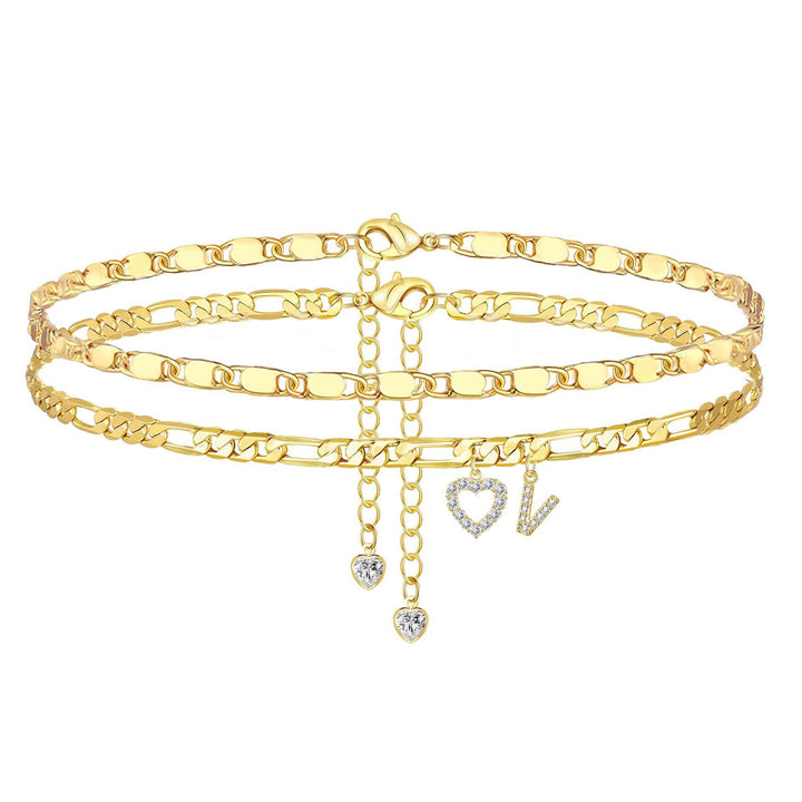 Layered Initial And Heart Zircon Adjustable Anklet Set