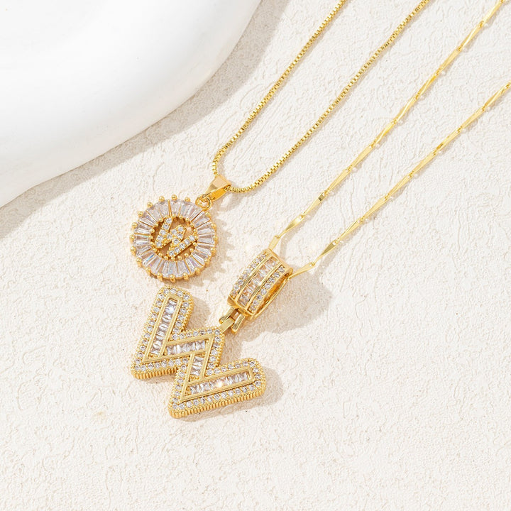 Two Piece Zircon Initial Letter Necklace Set Unisex