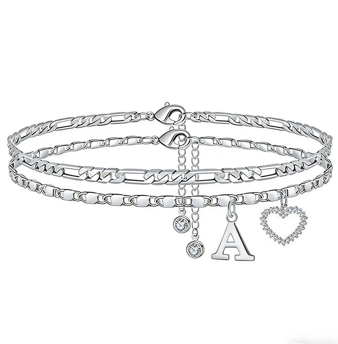 Double Layer Initial Heart Zircon Ankle Bracelet