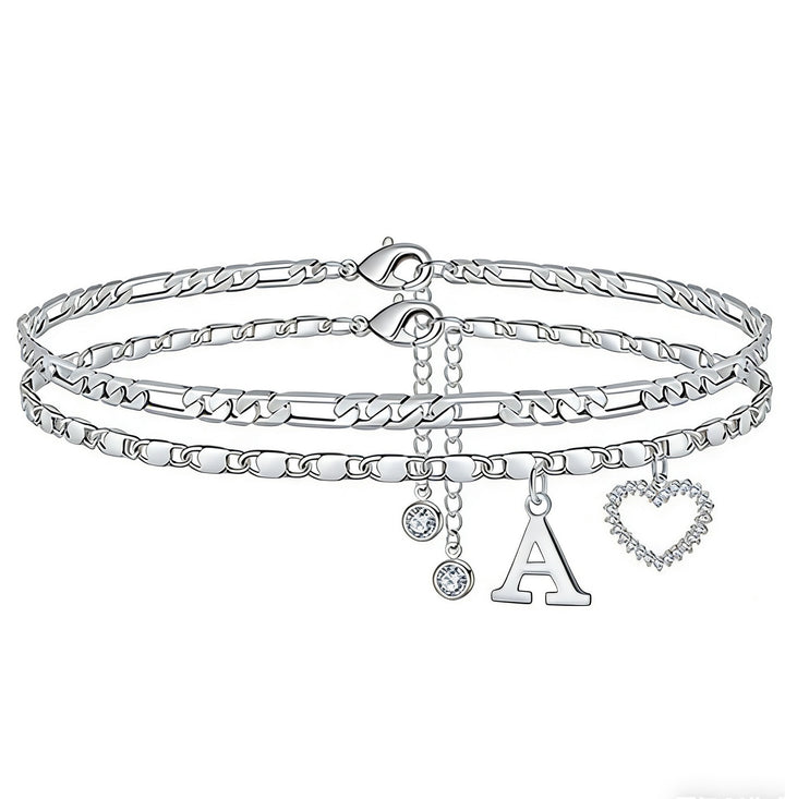 Double Layer Initial Heart Zircon Ankle Bracelet