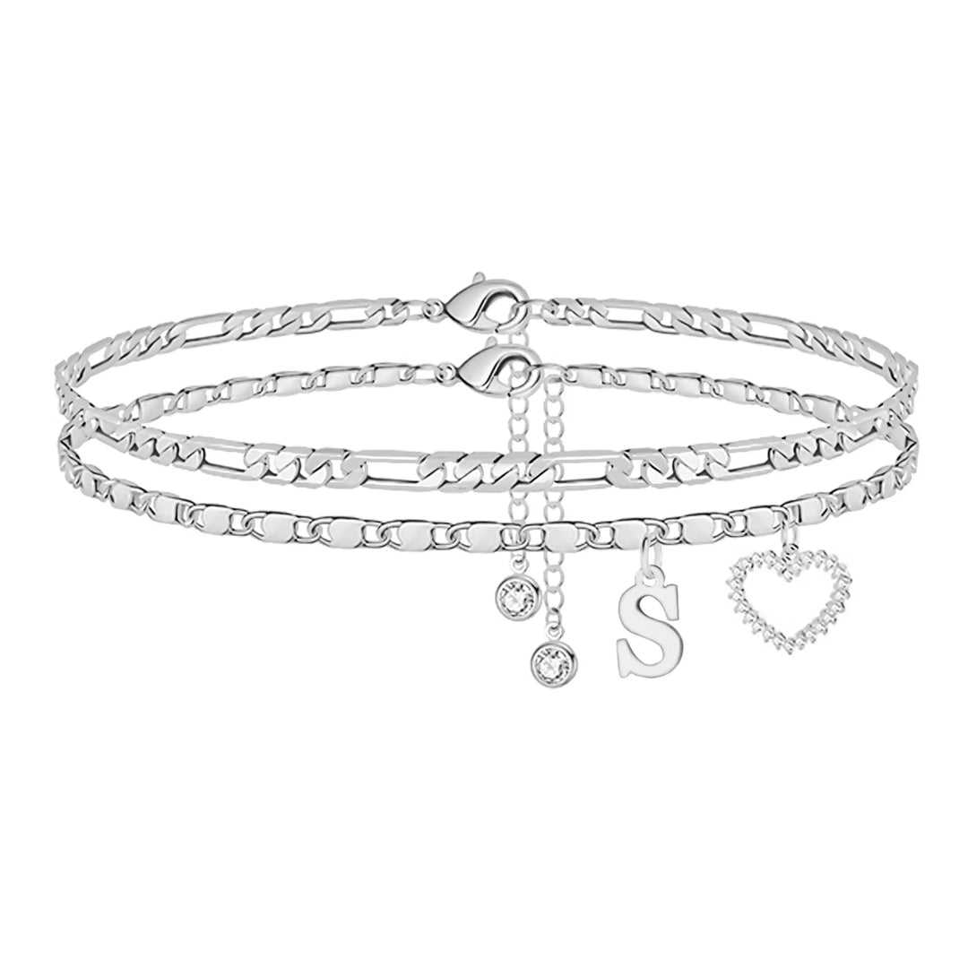 Double Layer Initial Heart Zircon Ankle Bracelet