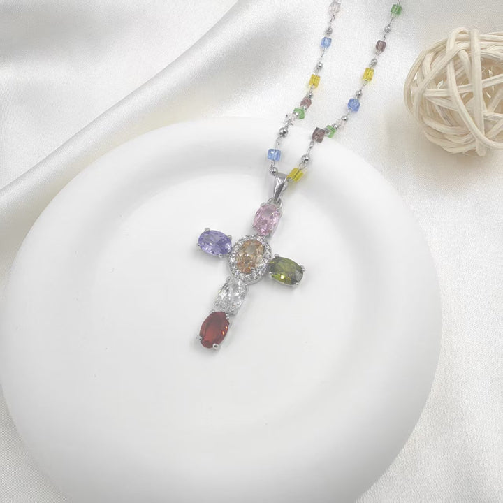 Multicolor Rosary Bead Cross Necklace