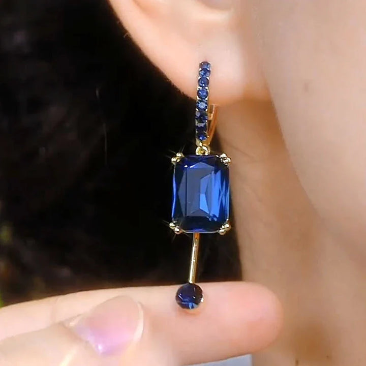 Navy Blue Rectangle Zircon Drop Hoop Earrings