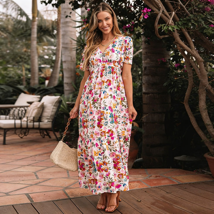 Floral V-Neck High Waist Maxi Dress