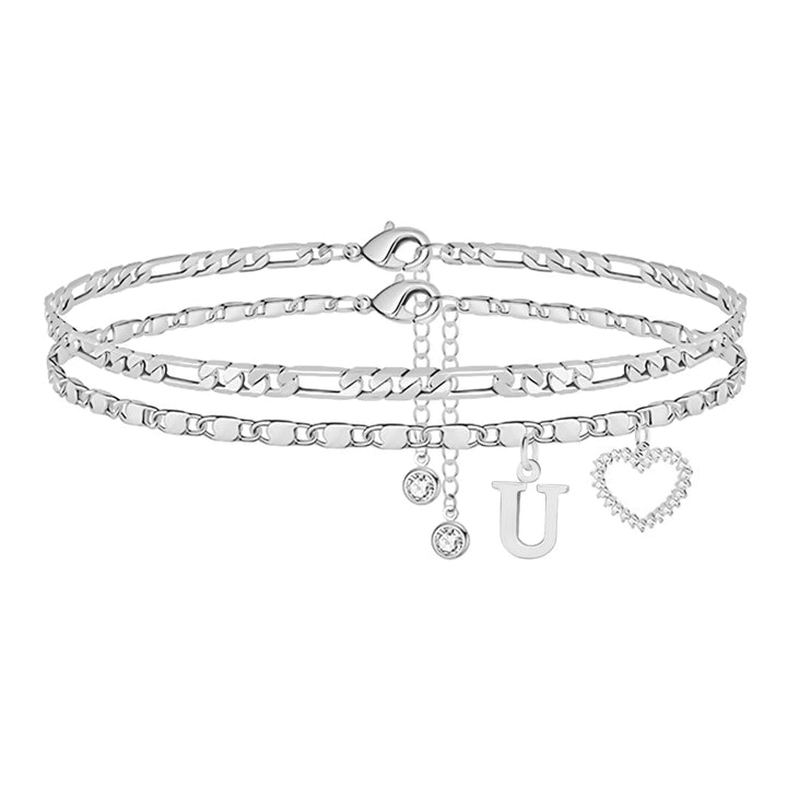 Double Layer Initial Heart Zircon Ankle Bracelet