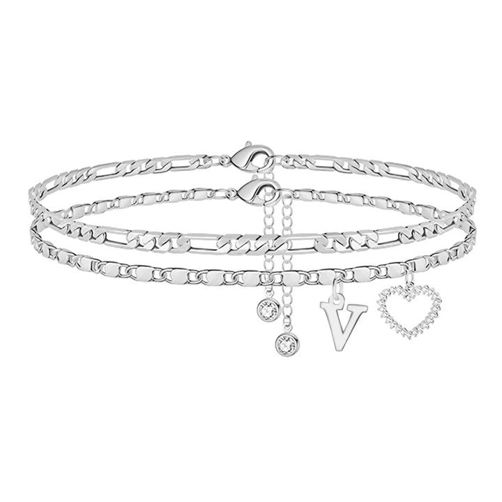 Double Layer Initial Heart Zircon Ankle Bracelet