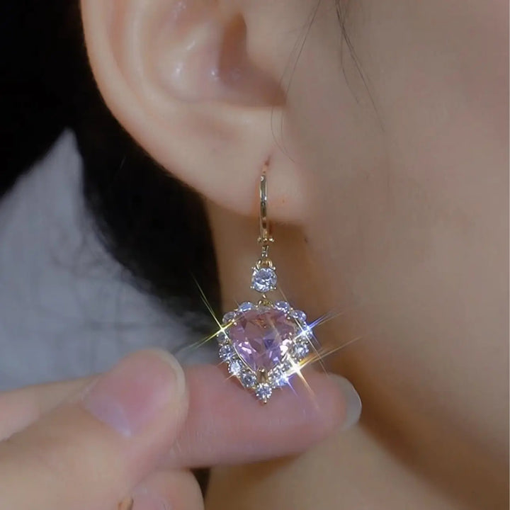 Glam Pink Heart Zircon Dangle Ear Jewelry