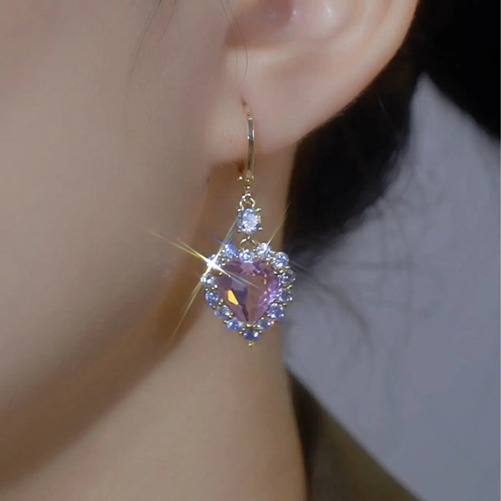 Glam Pink Heart Zircon Dangle Ear Jewelry