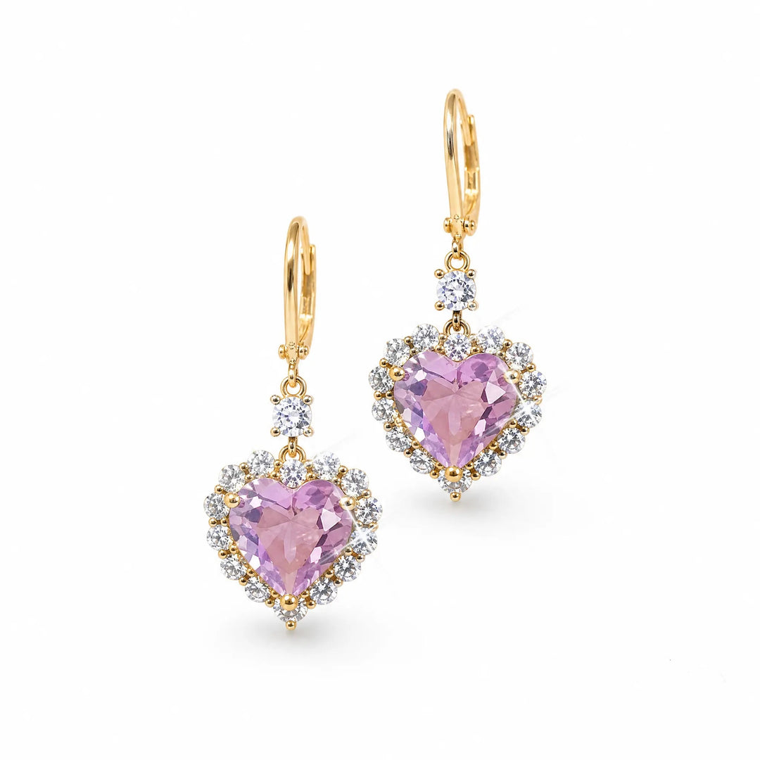 Glam Pink Heart Zircon Dangle Ear Jewelry