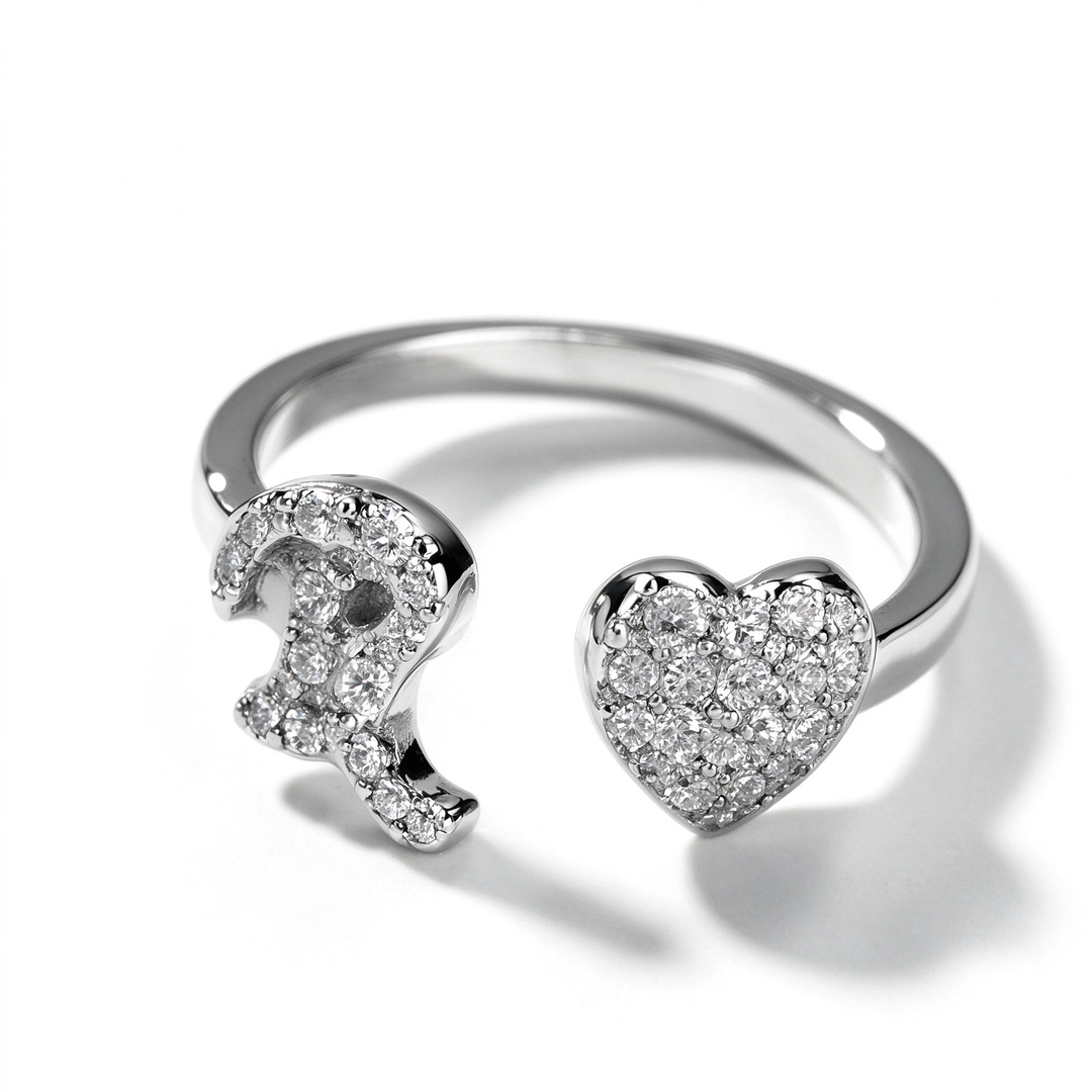 Initial Letter Heart Zircon Adjustable Open Ring