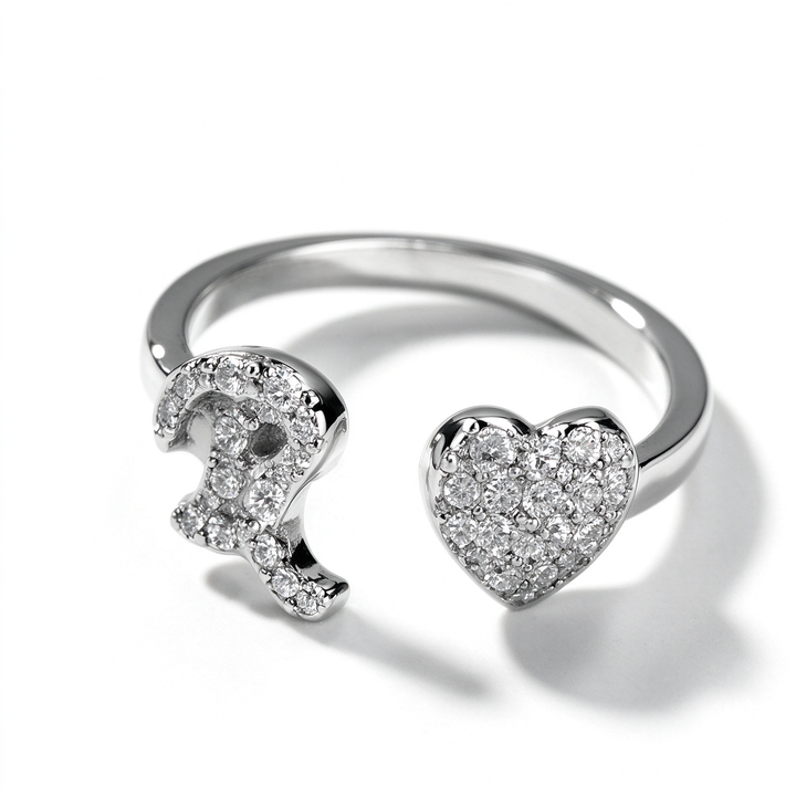 Initial Letter Heart Zircon Adjustable Open Ring