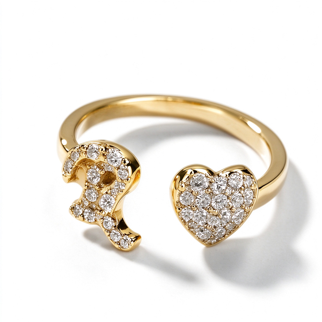 Initial Letter Heart Zircon Adjustable Open Ring