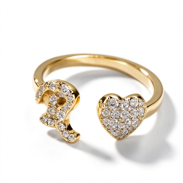 Initial Letter Heart Zircon Adjustable Open Ring