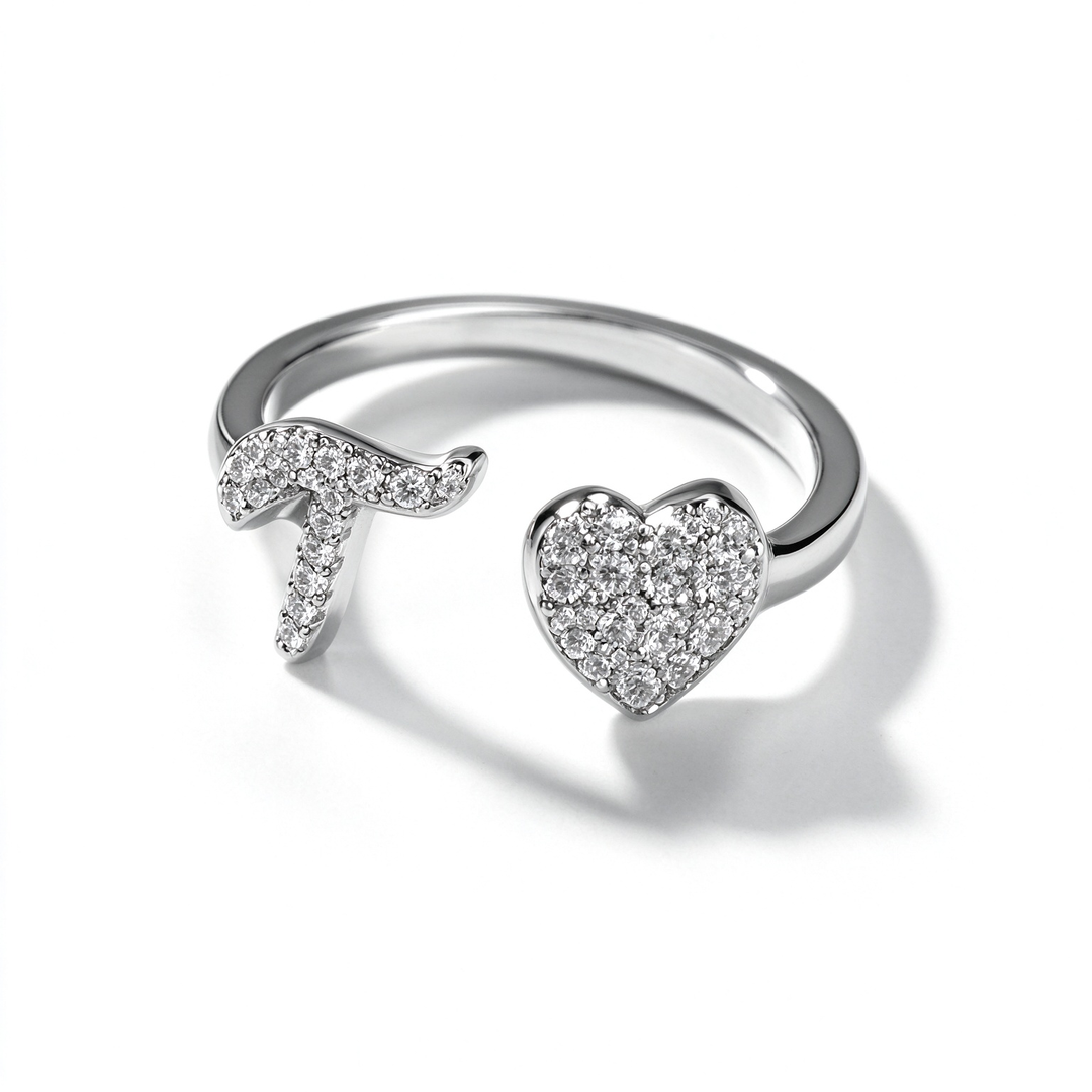 Initial Letter Heart Zircon Adjustable Open Ring