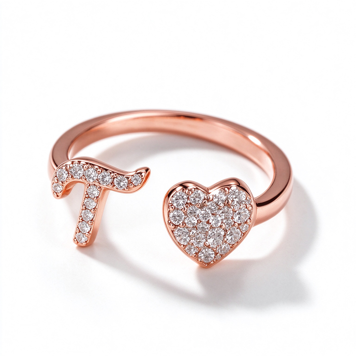 Initial Letter Heart Zircon Adjustable Open Ring